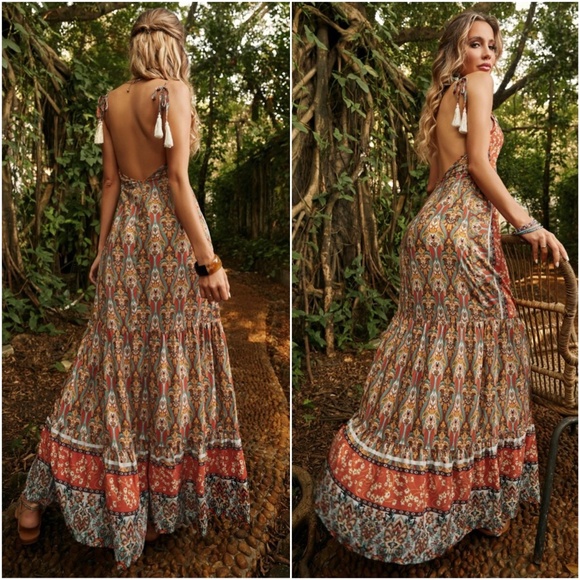 Boho Gypsy Floral Print Tassel Tie Open Back Maxi Dress - Picture 2 of 4